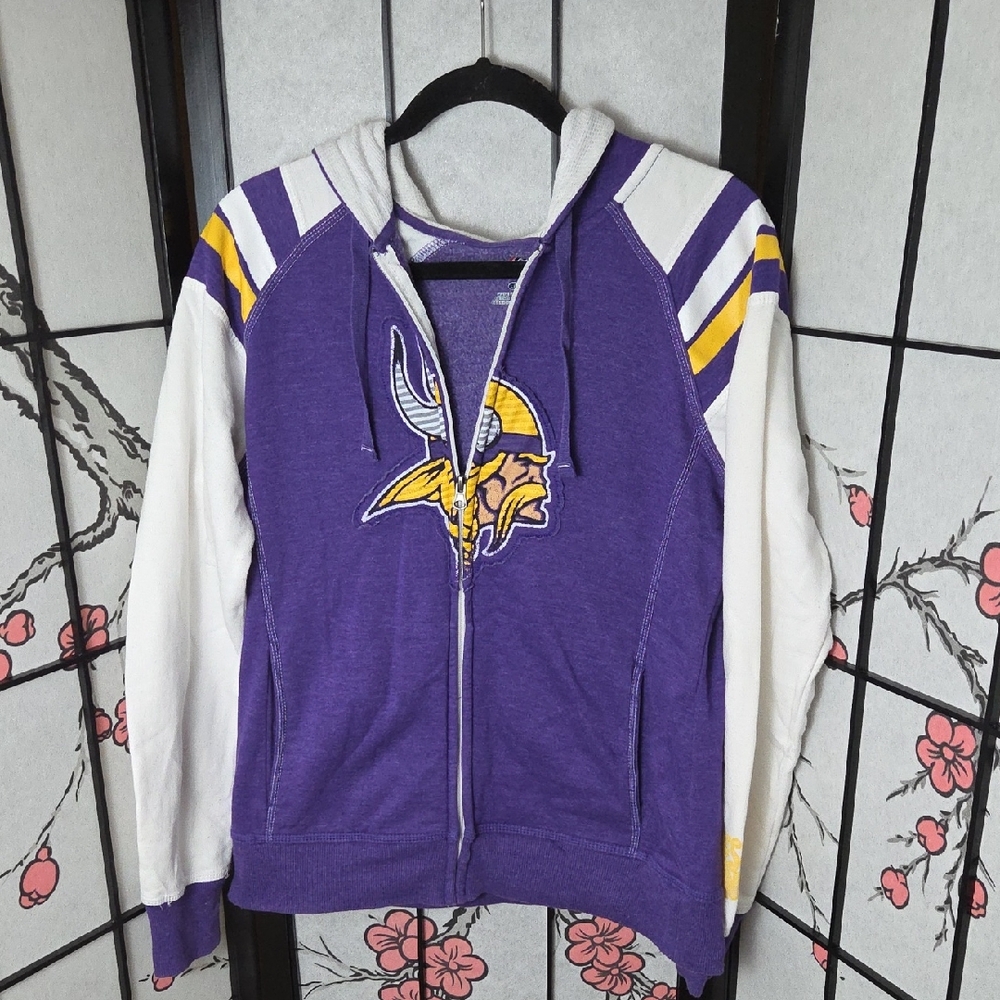 Majestic Purple and White Zip-Up Minnesota Vikings Hoodie with Logo Size Large